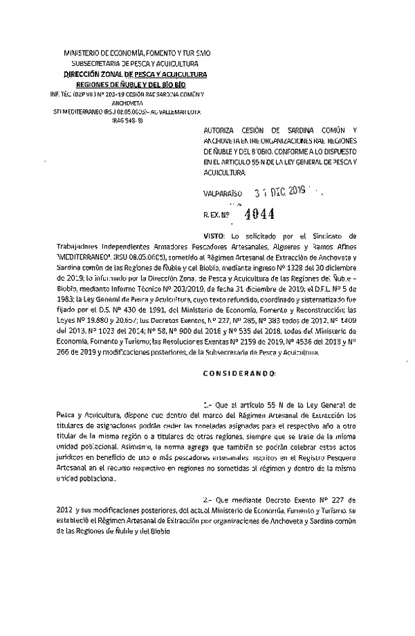 Res. Ex. 4044-2019 Autoriza cesión sardina común y anchoveta, Región de Ñuble y del Biobío.