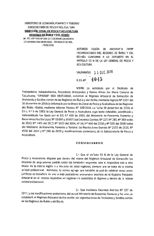 Res. Ex. 4045-2019 Autoriza cesión anchoveta, Región de Ñuble y del Biobío.