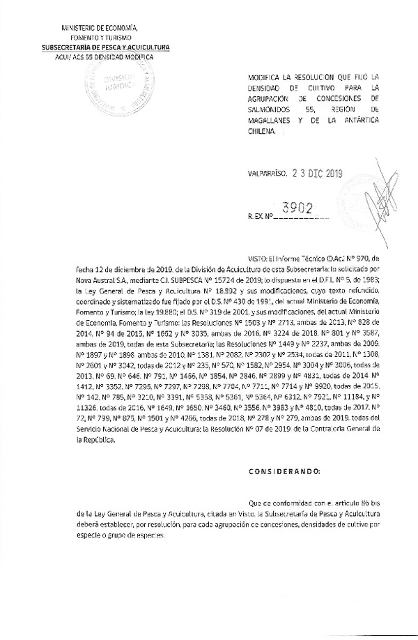 Res. Ex. N° 3902-2019 Modifica Res. Ex. N° 801-2019 Fija Densidad de Cultivo para la Agrupación de Concesiones de Salmónidos 55, Región de Magallanes y de La Antártica Chilena. (F.D.O. 08-01-2020)