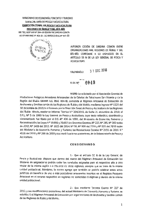 Res. Ex. 4049-2019 Autoriza cesión sardina común, Región de Ñuble y del Biobío.