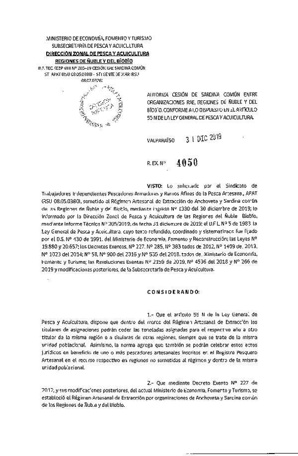 Res. Ex. 4050-2019 Autoriza cesión sardina común, Región de Ñuble y del Biobío.