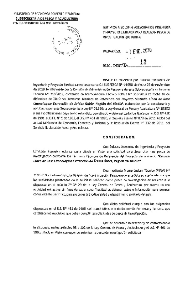 Res. Ex. N° 13-2020 Estudio línea de base limnológico, Región del Biobío.