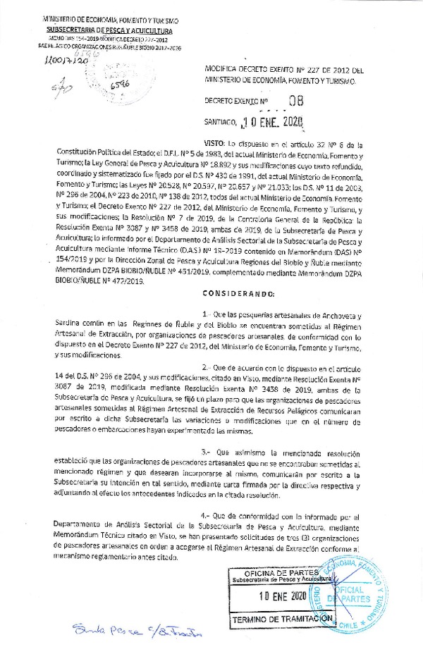 Dec. Ex. N° 8-2020 Modifica Dec. Ex. Nº 227-2012 RAE Pelágicos Regiones de Ñuble - Bibío. (Publicado en Página Web 13-01-2020)