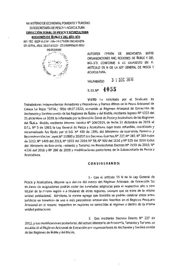 Res. Ex. 4055-2019 Autoriza cesión anchoveta, Región de Ñuble y del Biobío.