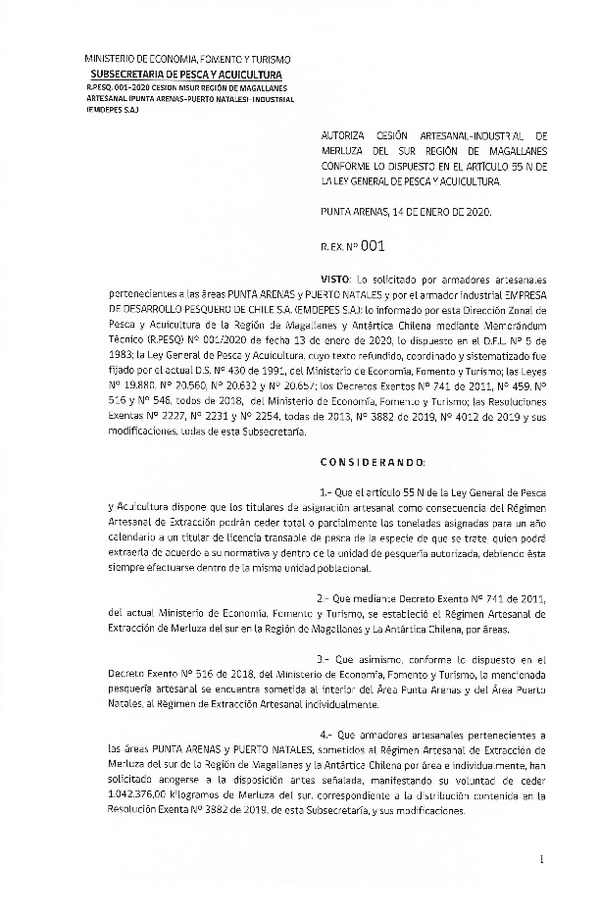 Res. Ex. N° 1-2020 (DZP Región de Magallanes) Autoriza cesión Merluza del sur.