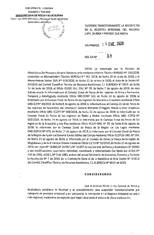 Res. Ex Nº 58-2020 Suspende Transitoriamente la Inscripción en el Registro Artesanal del Recurso Lapa, Regiones de Arica y Parinacota- Aysén. (Publicado en Página Web 16-01-2020) (F.D.O. 22-01-2020)