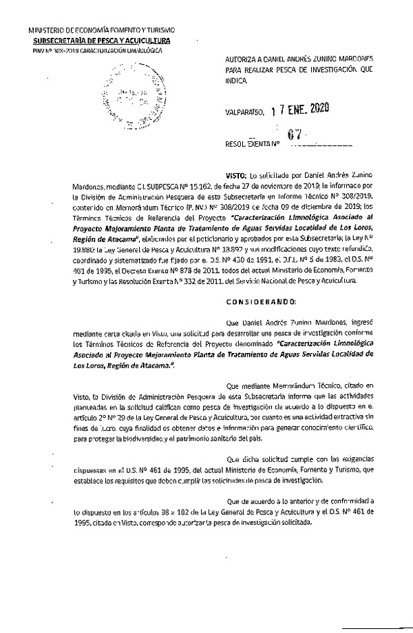 Res. Ex. N° 67-2020 Caracterización limnológico, Región de Atacama.