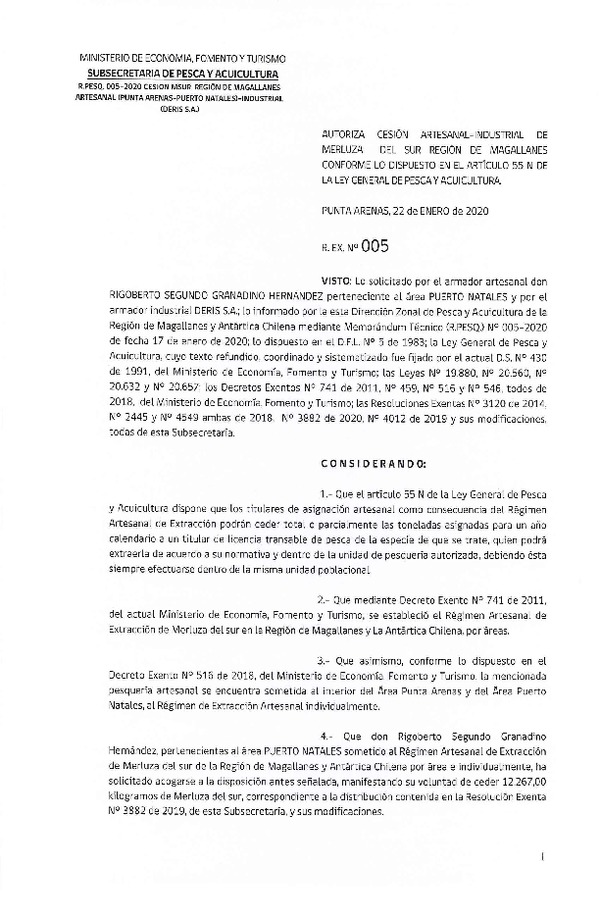 Res. Ex. N° 5-2020 (DZP Región de Magallanes) Autoriza cesión Merluza del sur.