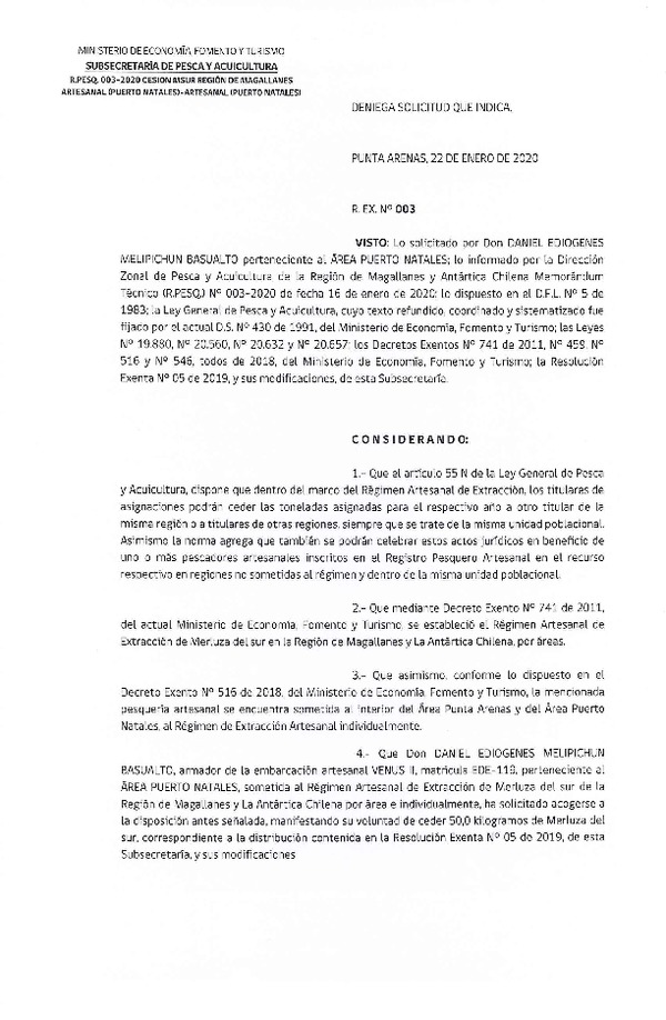 Res. Ex. N° 3-2020 (DZP Región de Magallanes) Deniega solicitud.