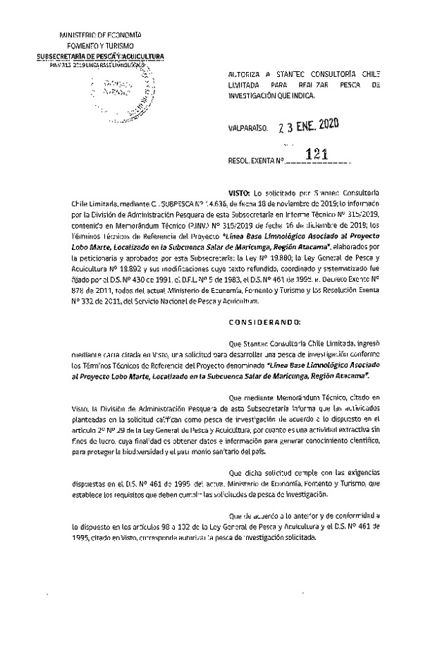Res. Ex. N° 121-2020 Línea base limnológico, Región de Atacama.