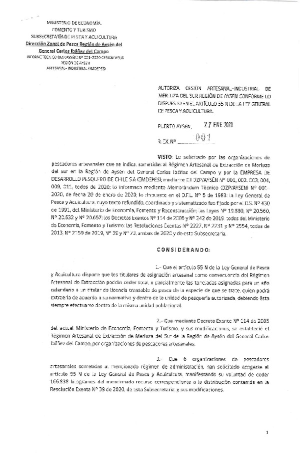 Res. Ex. N° 001-2020 (DZP Región de Aysén) Autoriza cesión Merluza del sur.