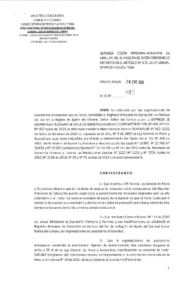 Res. Ex. N° 002-2020 (DZP Región de Aysén) Autoriza cesión Merluza del sur.