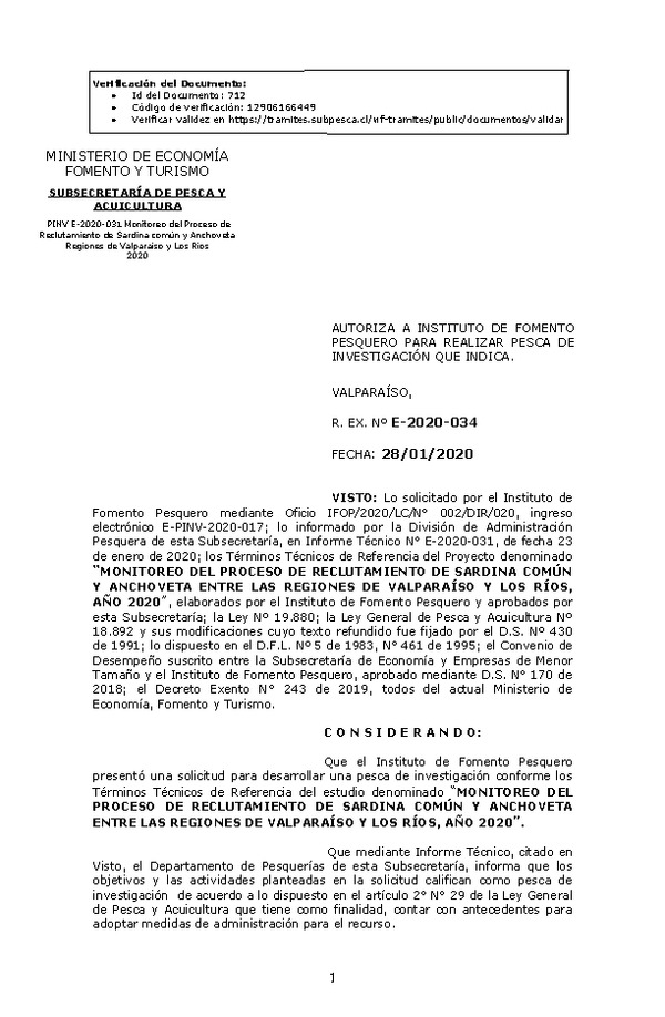 R. EX. Nº E-2020-034 Monitoreo del Proceso de Reclutamiento de Sardina Común y Anchoveta entre las Regiones de Valparaíso y Los Ríos, Año 2020.