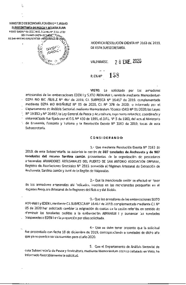 Res. Ex. N° 158-2020 Modifica Res. Ex. N° 3163-2019 Autoriza cesión anchoveta y sardina común Región de Valparaíso a Región del Biobío.