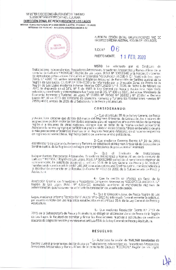 Res. Ex. N° 06-2020 (DZP Los Lagos) Autoriza Cesión entre Organizaciones RAE de recurso Sardina austral, Región de Los Lagos. (Publicado en Página Web 11-02-2020).