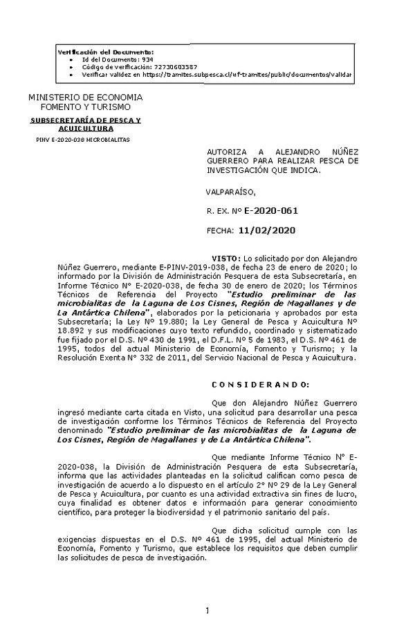 Res. Ex. N° E-2020-061, Autoriza a Alejandro Núñez Guerrero para realizar pesca de Investigación que indica. (Publicado en Página Web 12-02-2020).