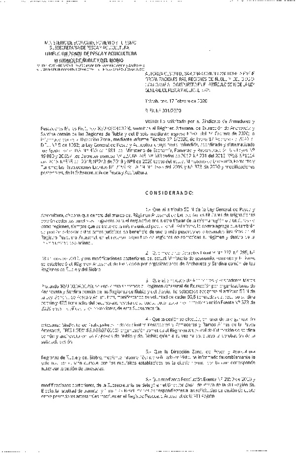 Res Ex N° 001-2020, Autoriza cesión de Sardina común y Anchoveta entre organizaciones RAE, Regiones de Ñuble y del BioBio. Conforme a lo dispuesto en el artículo 55 N de la ley general de Pesca  (Publicado en Página Web 18-02-2020).