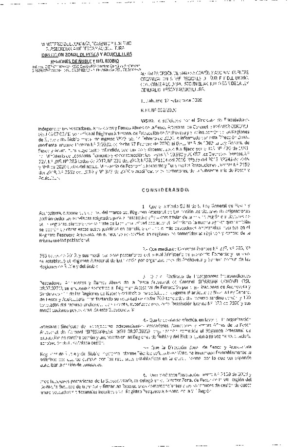 Res Ex N° 002-2020, Autoriza cesión de Sardina común y Anchoveta entre organizaciones RAE, Regiones de Ñuble y del BioBio. Conforme a lo dispuesto en el artículo 55 N de la ley general de Pesca  (Publicado en Página Web 18-02-2020).