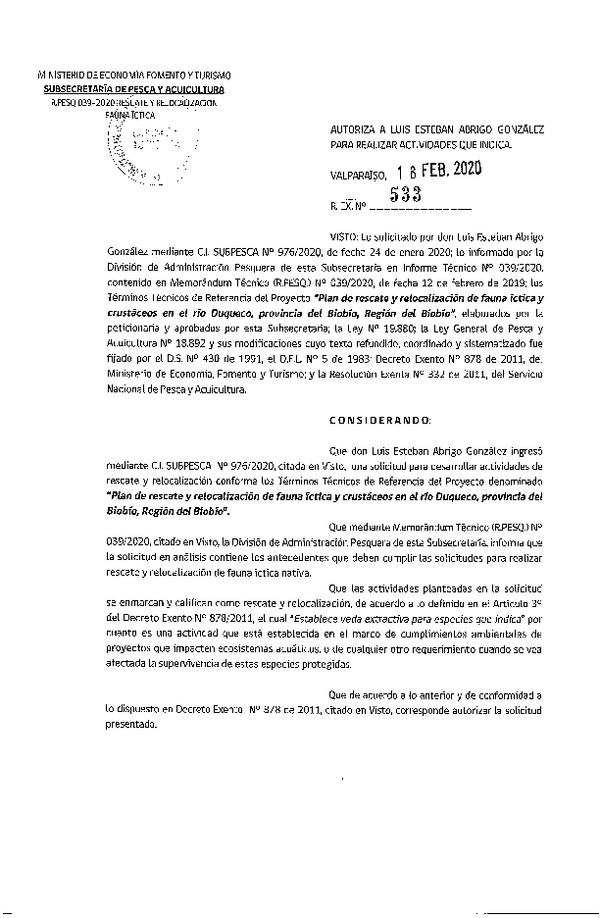 Res. Ex N° 533-2020, Autoriza a Luis Esteban Abrigo González para realizar actividades que indica (Publicado en Página Web 19-02-2020).