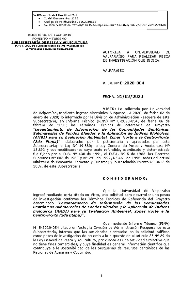 Res Ex N° E-2020-084, Autoriza a Universidad de Valparaíso, para realizar Pesca de Investigación que indica (Publicado en Página Web 24-02-2020).