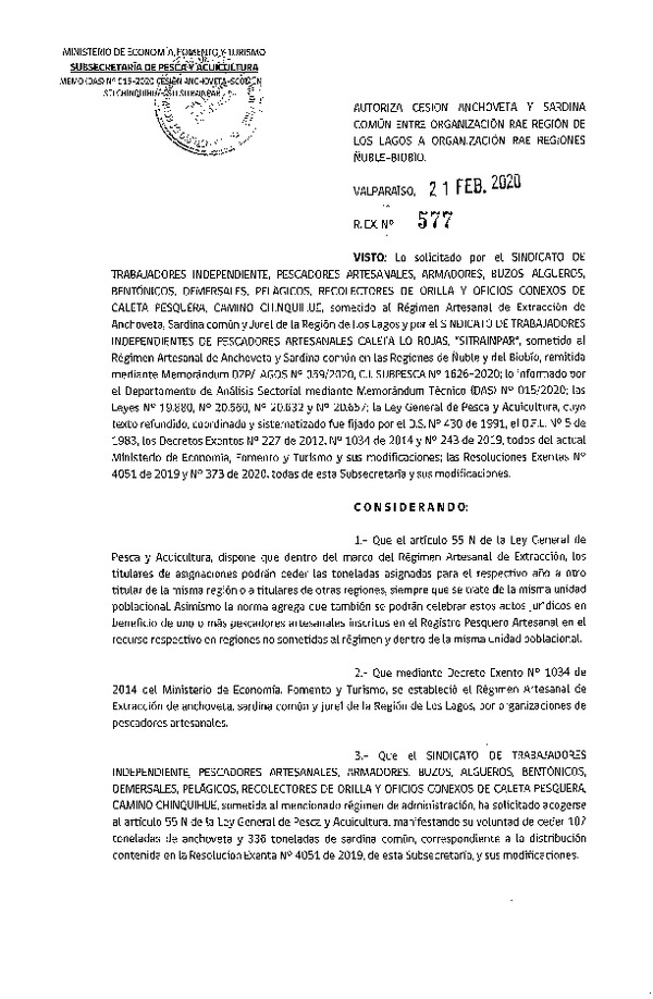 Res Ex N° 577-2020, Autoriza cesión de Anchoveta y Sardina común entre organización RAE Región de Los Lagos a Organización RAE Regiones Ñuble-Biobío (Publicado en Página Web 25-02-2020).