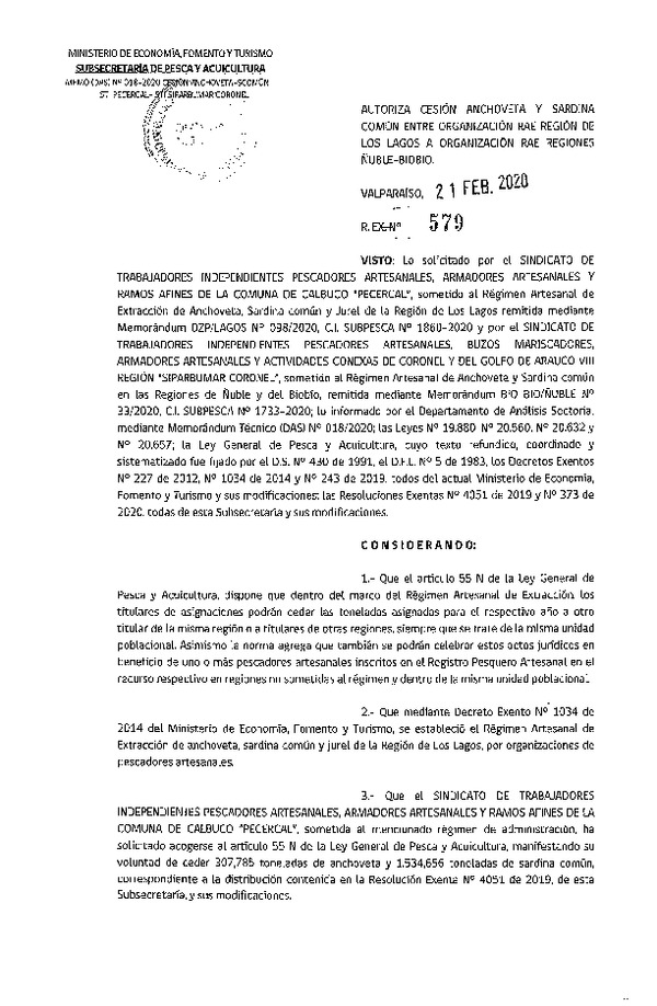 Res Ex N° 579-2020, Autoriza cesión de Anchoveta y Sardina común entre organización RAE Región de Los Lagos a Organización RAE Regiones Ñuble-Biobío (Publicado en Página Web 25-02-2020).