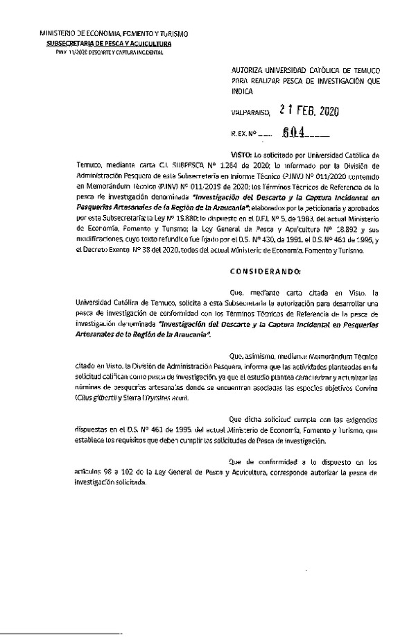 Res. Ex. N° 604-2020, Autoriza Universidad Católica de Temuco para realizar Pesca de Investigación que indica (Publicado en Página Web 25-02-2020).