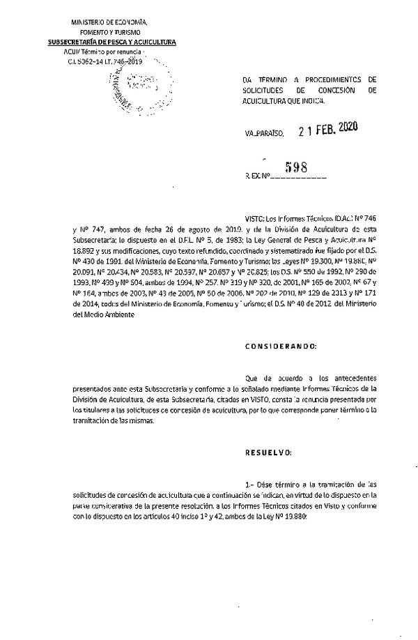 Res Ex N° 598-2020, Da Término a Procedimientos de solicitudes de Concesión de Acuicultura que indica (Publicado en Página Web 25-02-2020).