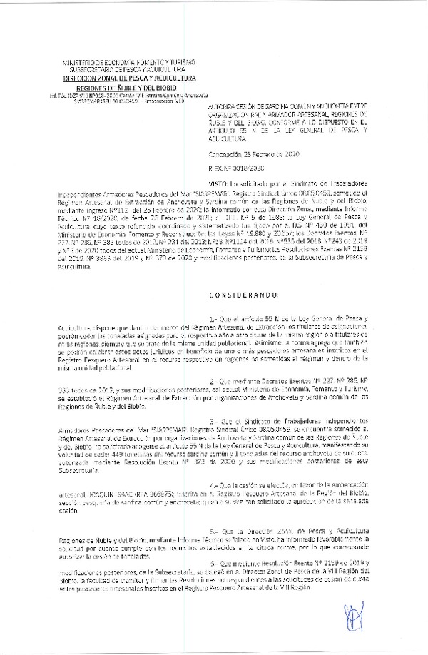 Res Ex N° 0018-2020, (DZP VIII), Autoriza cesión Sardina Común y Anchoveta Región de Ñuble-Biobío (Publicado en Página Web 02-03-2020)