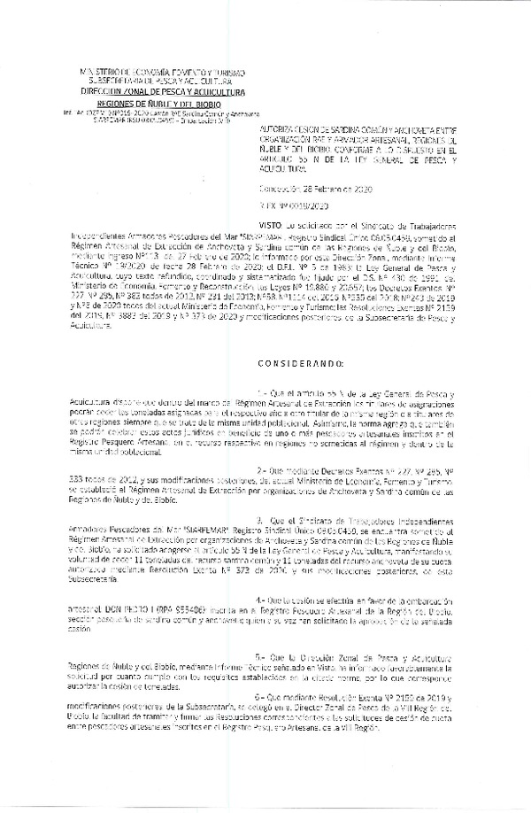 Res Ex N° 0019-2020, (DZP VIII), Autoriza cesión Sardina Común y Anchoveta Región de Ñuble-Biobío (Publicado en Página Web 02-03-2020)