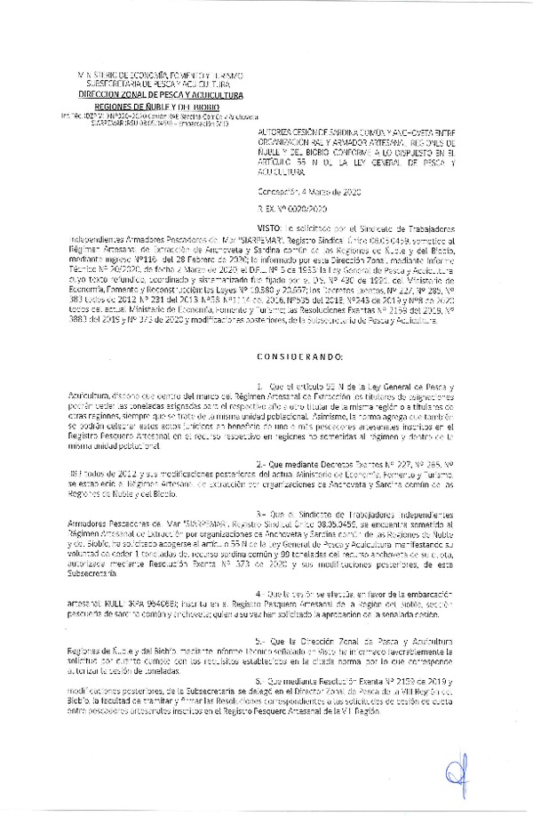 Res Ex N° 0020-2020, (DZP VIII), Autoriza cesión Sardina Común y Anchoveta Región de Ñuble-Biobío (Publicado en Página Web 05-03-2020)