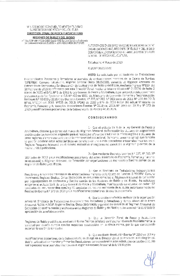 Res Ex N° 0021-2020, (DZP VIII), Autoriza cesión Sardina Común y Anchoveta Región de Ñuble-Biobío (Publicado en Página Web 05-03-2020)