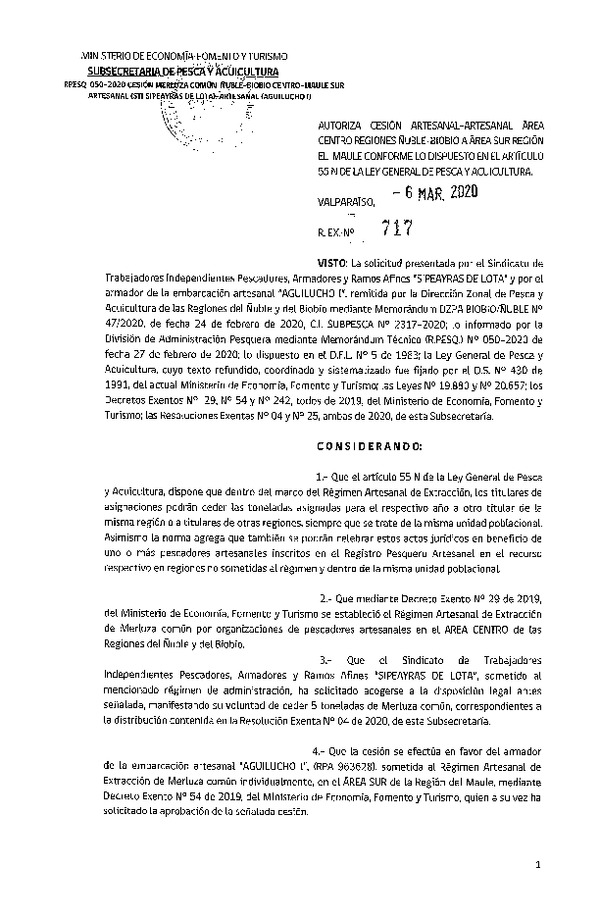 Res. Ex. N° 717-2019 Autoriza cesión Merluza común Región de Ñuble-Biobío a Región del Maule. (Publicado en Página Web 06-03-2020)