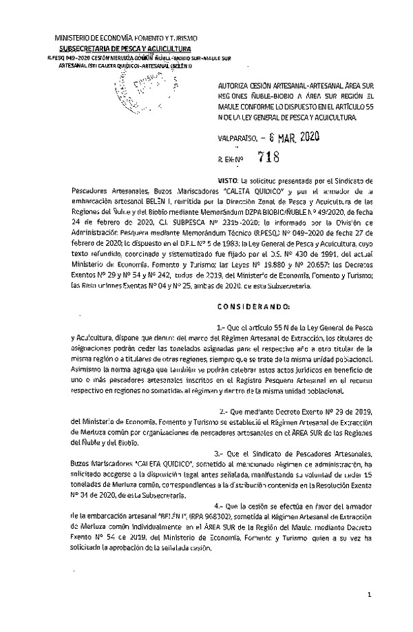 Res. Ex. N° 718-2019 Autoriza cesión Merluza común Región de Ñuble-Biobío a Región del Maule. (Publicado en Página Web 06-03-2020)