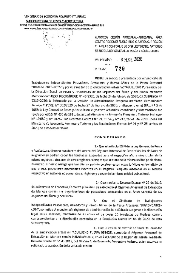 Res. Ex. N° 720-2019 Autoriza cesión Merluza común Región de Ñuble-Biobío a Región del Maule. (Publicado en Página Web 06-03-2020)