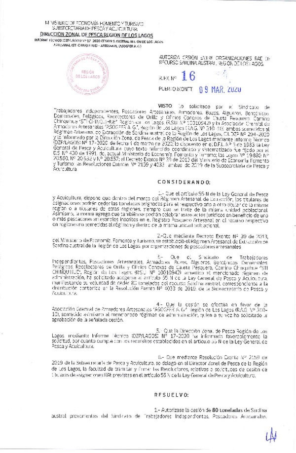 Res. Ex. N° 16-2020 (DZP Los Lagos) Autoriza cesión sardina austral Región de Los Lagos.