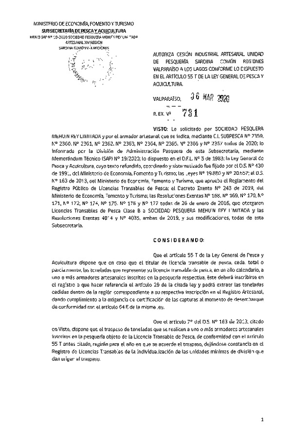 Res. Ex N° 731-2020, Autoriza Cesión Sardina Común Regiones Valparaíso-Los Lagos (Publicado en Página Web 09-03-2020).