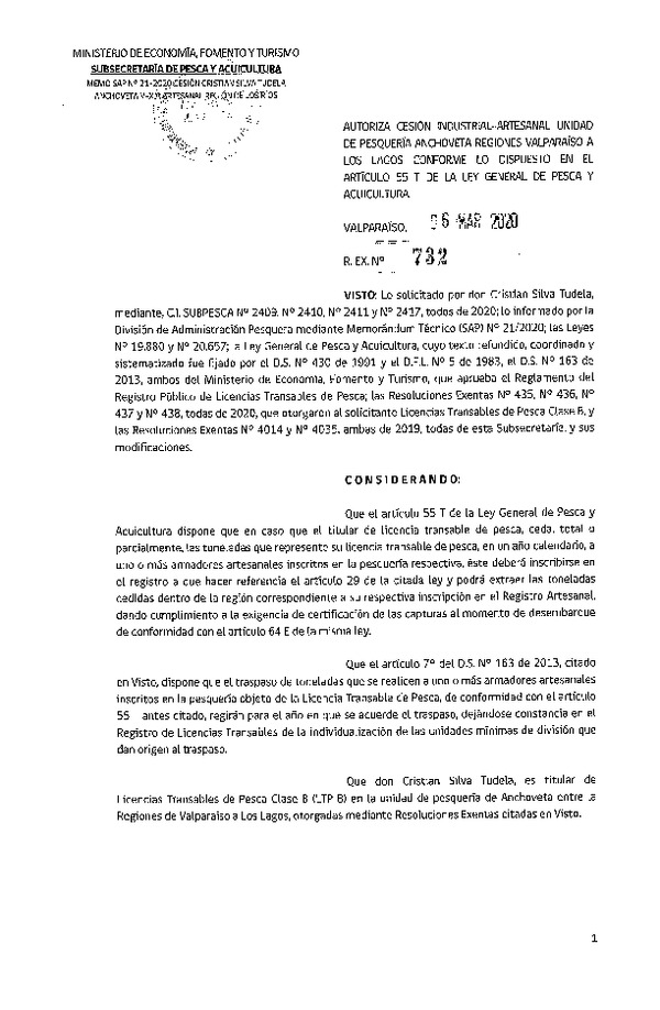 Res. Ex N° 732-2020, Autoriza Cesión anchoveta Regiones Valparaíso-Los Lagos (Publicado en Página Web 09-03-2020).