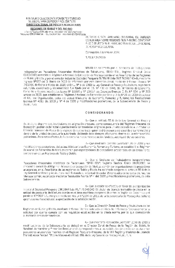 Res. Ex. N° 0024-2020 (DZP VIII) Autoriza cesión Merluza común Región del Ñuble-Biobío.