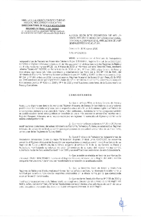 Res. Ex. N° 0026-2020 (DZP VIII) Autoriza cesión Merluza común Región del Ñuble-Biobío. (Publicado en Página Web 11-03-2020)