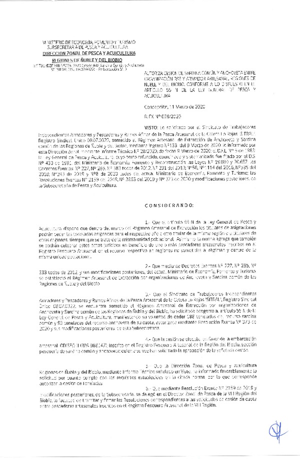 Res Ex N° 0028-2020, (DZP VIII), Autoriza cesión Sardina Común y Anchoveta Región de Ñuble-Biobío (Publicado en Página Web 12-03-2020)