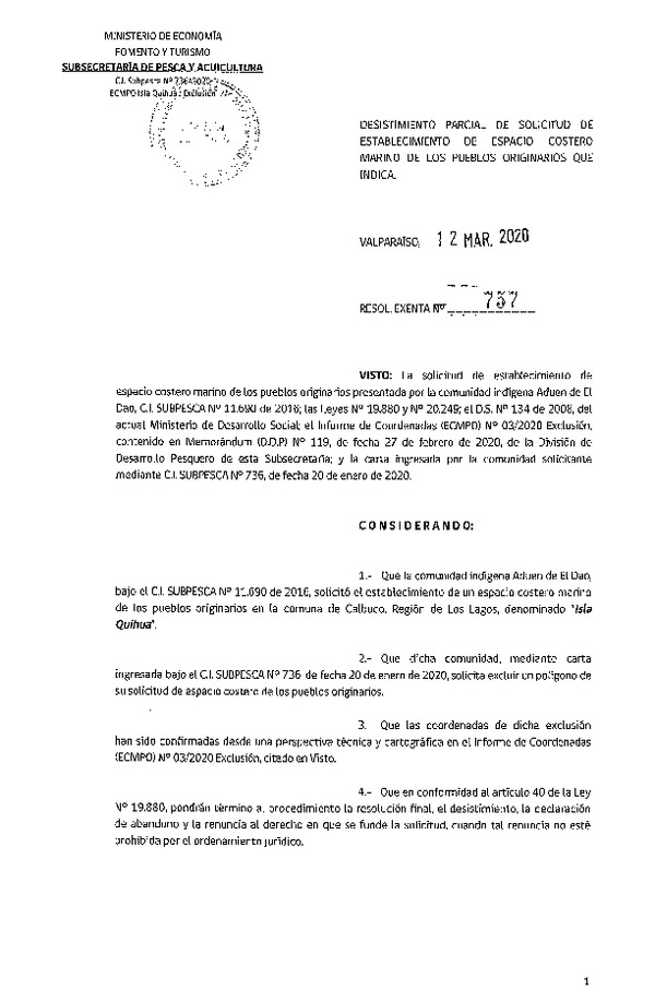 Res. Ex. N° 757-2020 Desistimiento parcial de solicitud de establecimiento de ECMPO. (Publicado en Página Web 12-03-2020)