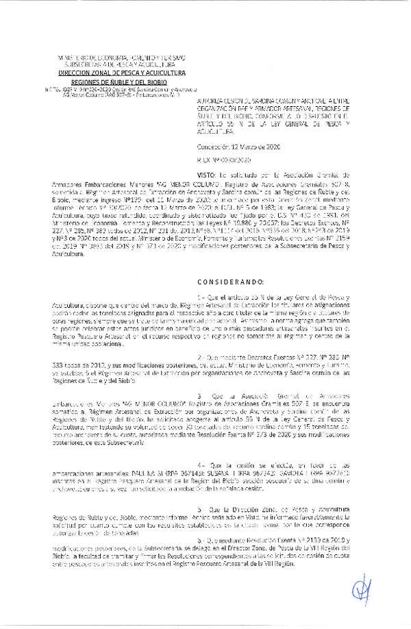 Res Ex N° 0030-2020, (DZP VIII), Autoriza cesión Sardina Común y Anchoveta Región de Ñuble-Biobío (Publicado en Página Web 13-03-2020)
