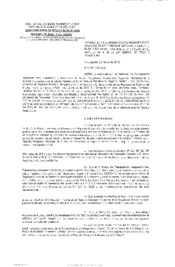 Res Ex N° 0031-2020, (DZP VIII), Autoriza cesión Sardina Común y Anchoveta Región de Ñuble-Biobío (Publicado en Página Web 13-03-2020)