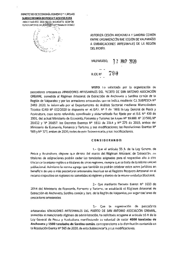 Res Ex N° 790-2020, Autoriza cesión de pesquería Anchoveta y Sardina Común, Regiones de Valparaíso a Biobío. (Publicado en Página Web 17-03-2020).
