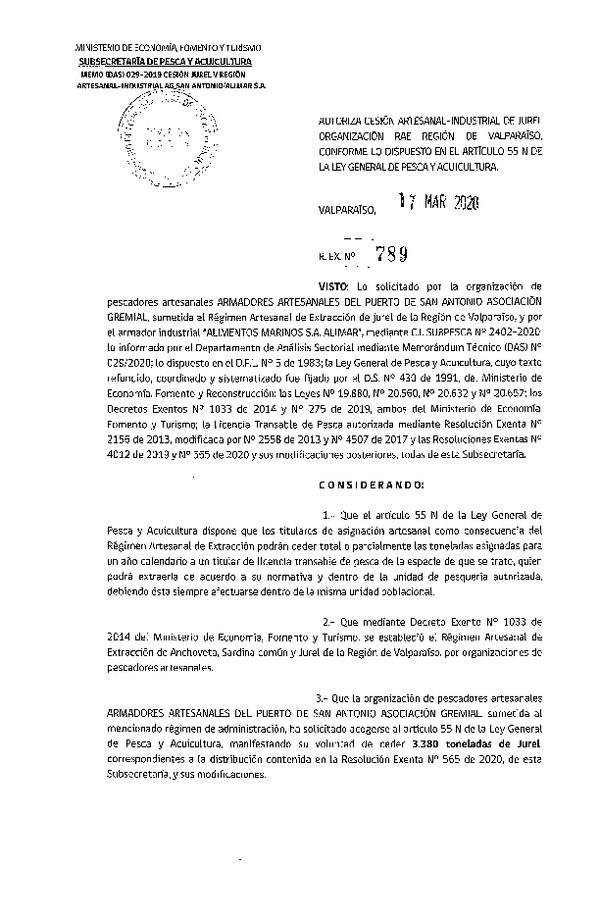 Res. Ex N° 789-2020, Autoriza Cesión de Jurel Región de Valparaíso. (Publicado en Página Web 17-03-2020)