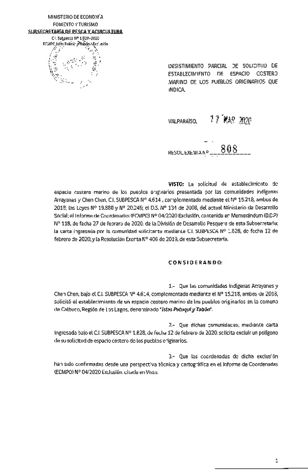 Res. Ex. N° 808-2020 Desistimiento parcial de solicitud de establecimiento de ECMPO Islas Puluqui y Tabón.. (Publicado en Página Web 18-03-2020)
