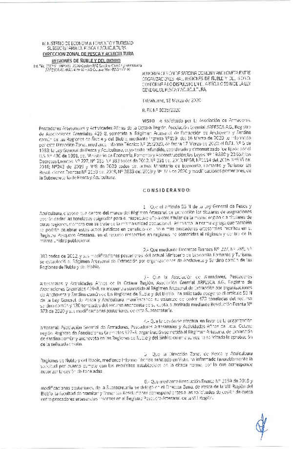 Res Ex N° 0035-2020, (DZP VIII), Autoriza cesión Sardina Común y Anchoveta Región de Ñuble-Biobío (Publicado en Página Web 18-03-2020)