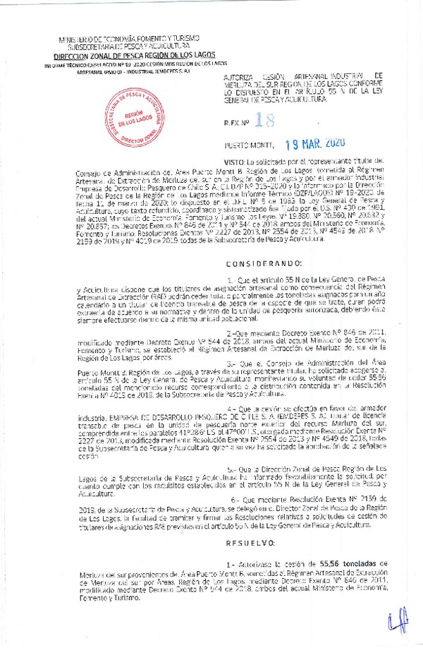 Res. Ex N° 18-2020 (DZP Los Lagos) Autoriza cesión de merluza del sur Región de Los Lagos. (Publicado en Pagina web 19-03-2020).