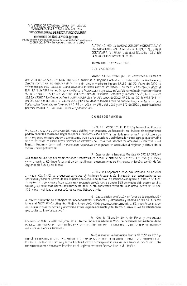 Res Ex N° 0038-2020, (DZP VIII), Autoriza cesión Sardina Común y Anchoveta Región de Ñuble-Biobío (Publicado en Página Web 24-03-2020)
